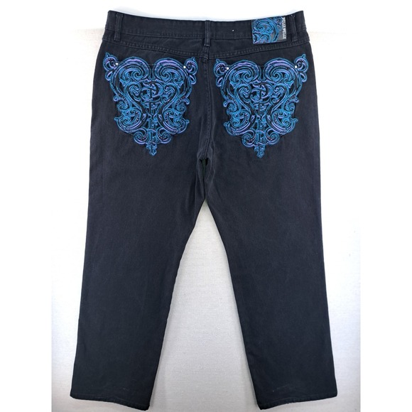 VTG Pelle Pelle Jeans Men 40x34 Black Baggy Embroidered Pockets Hip Hop Y2K W41